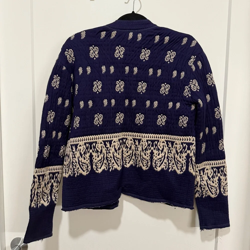Free People Navy Blue Embroidered Quilted Jacket – Boho Patterned Zip Front - Picture 5 of 5